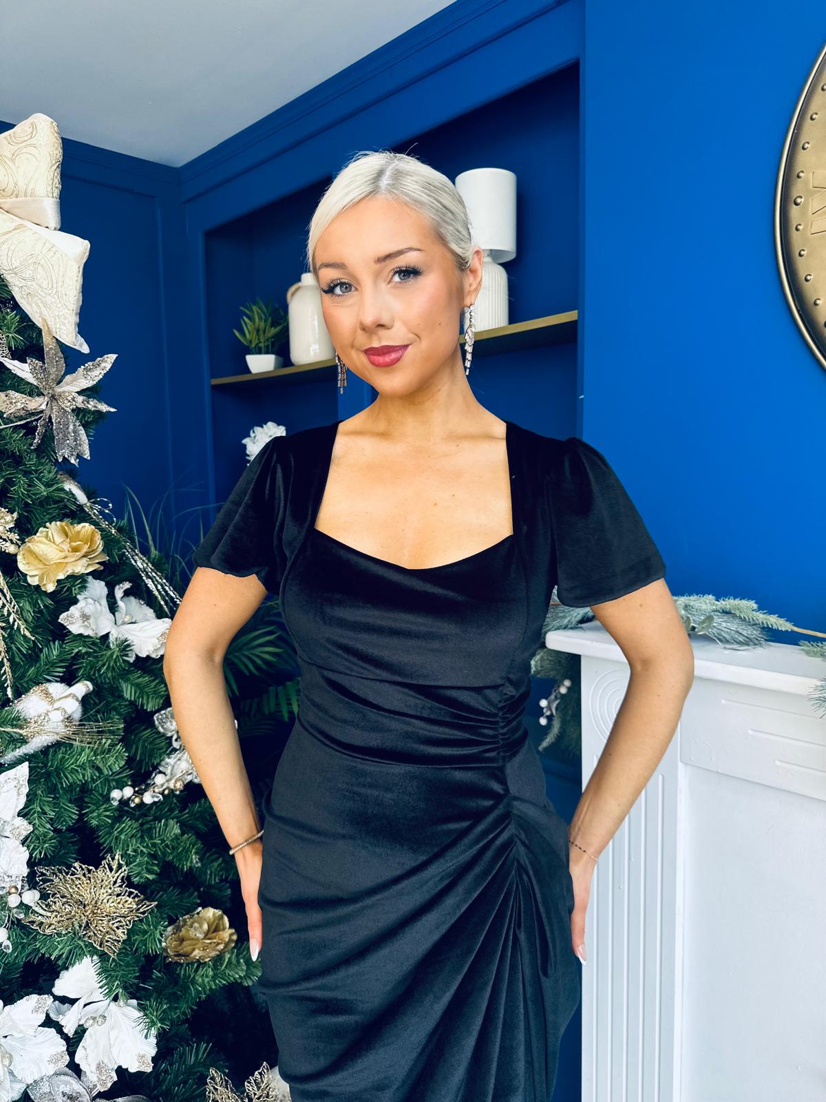 Saoirse Gathered Detail Velvet Occasion Dress Black