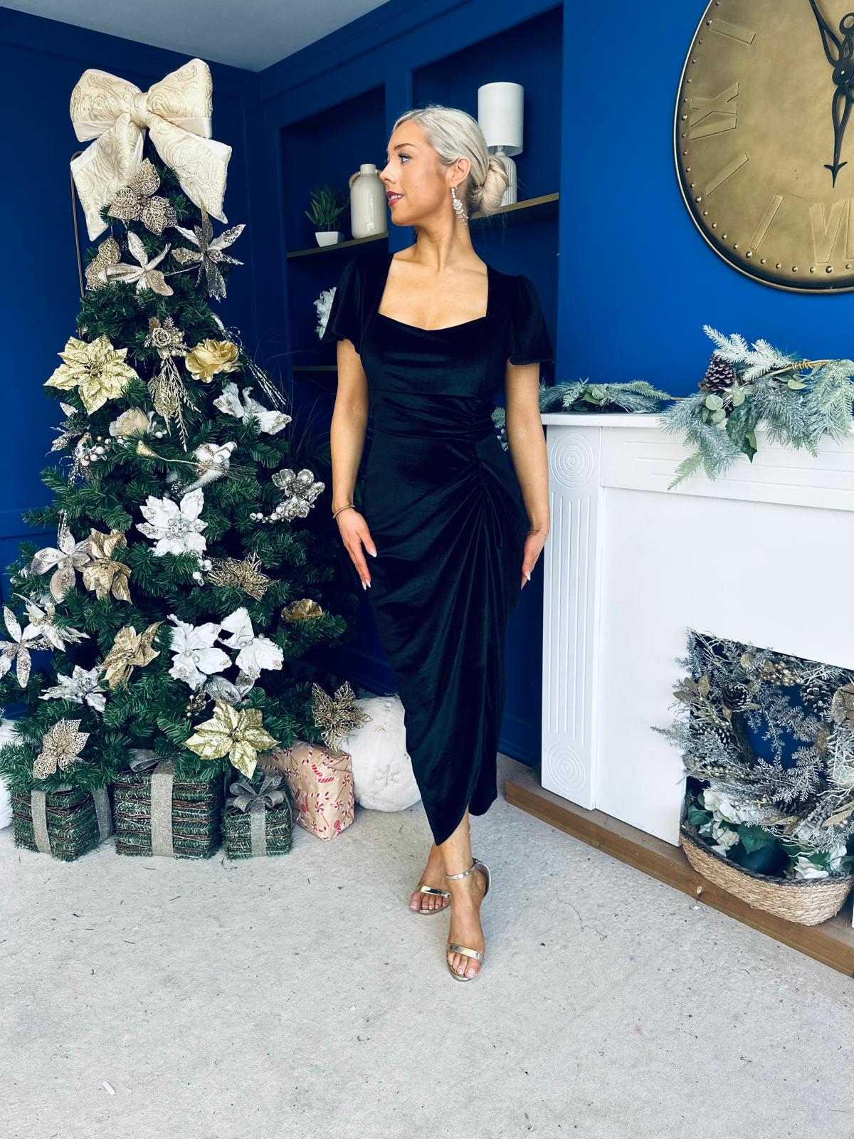 Saoirse Gathered Detail Velvet Occasion Dress Black