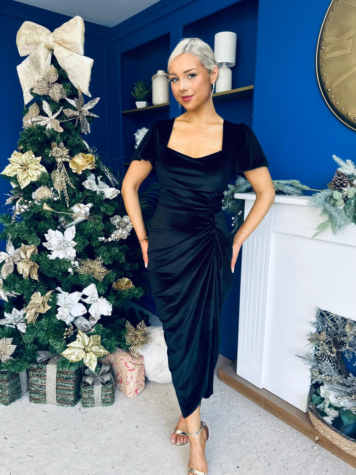 Saoirse Gathered Detail Velvet Occasion Dress Black