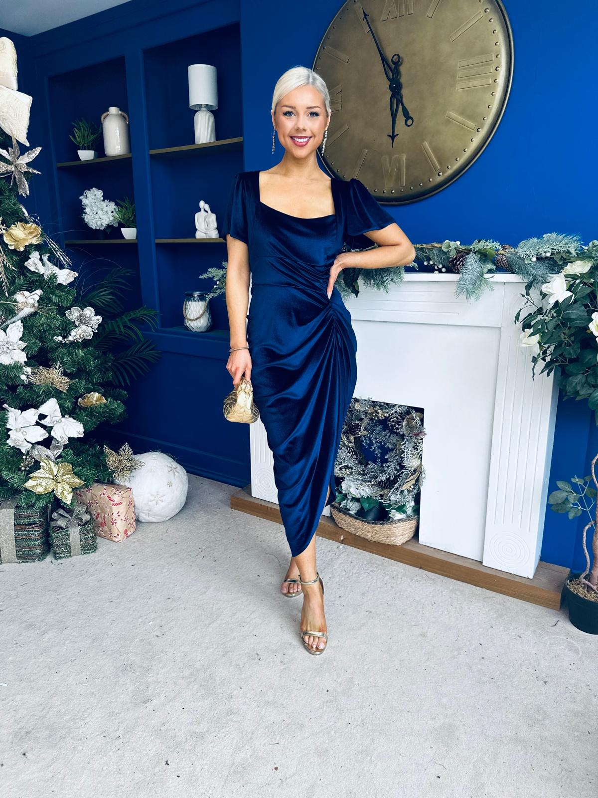 Saoirse Gathered Detail Velvet Occasion Dress Navy