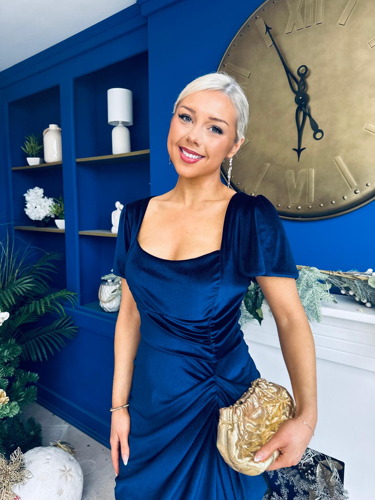 Saoirse Gathered Detail Velvet Occasion Dress Navy