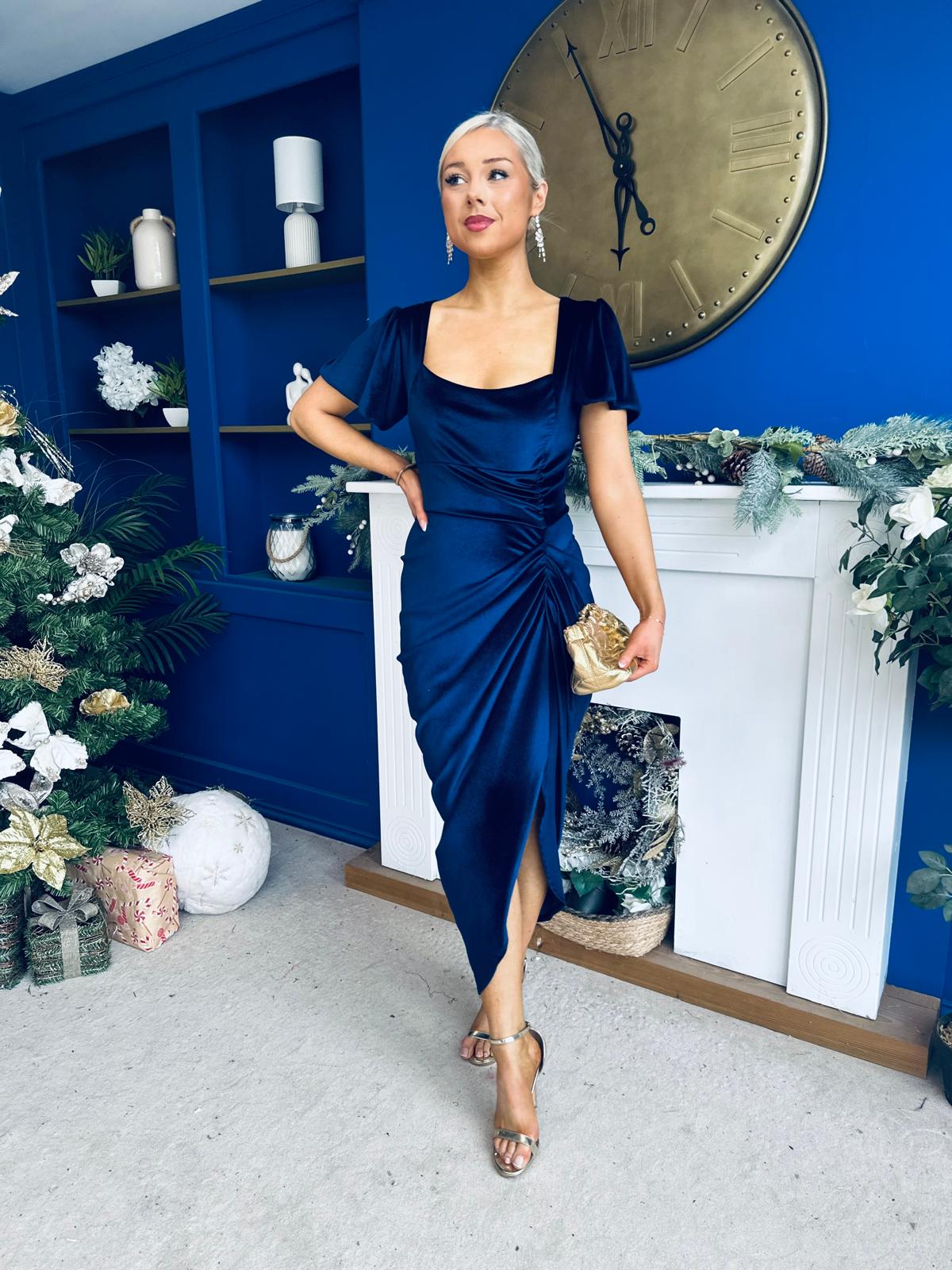 Saoirse Gathered Detail Velvet Occasion Dress Navy