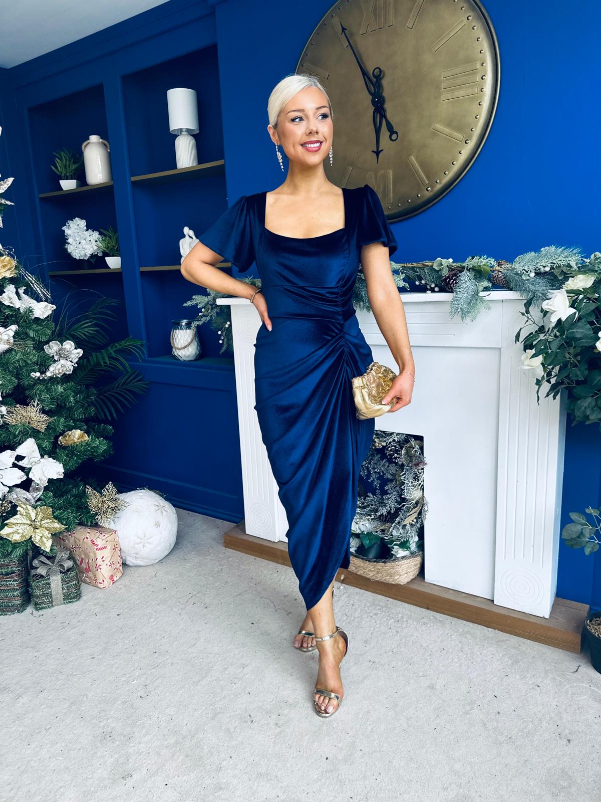 Saoirse Gathered Detail Velvet Occasion Dress Navy