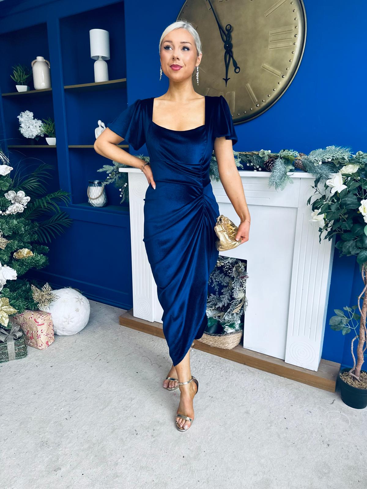 Saoirse Gathered Detail Velvet Occasion Dress Navy