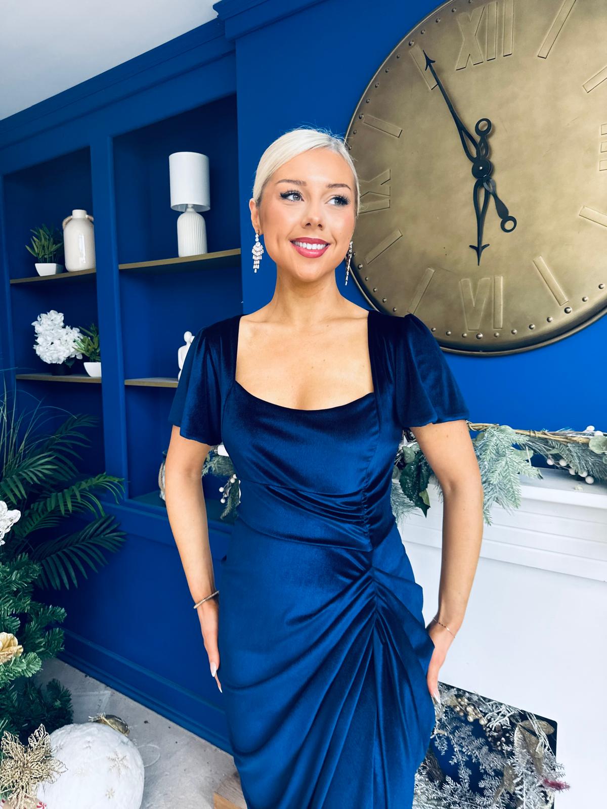 Saoirse Gathered Detail Velvet Occasion Dress Navy