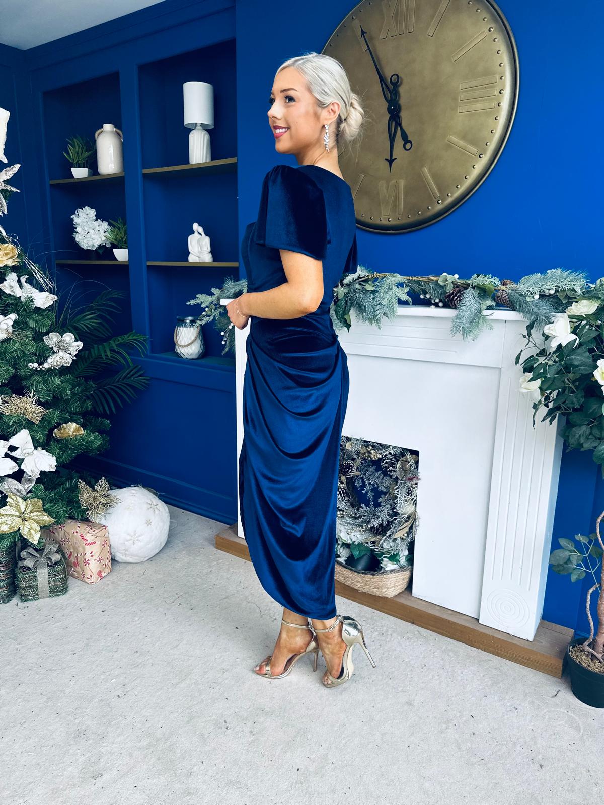 Saoirse Gathered Detail Velvet Occasion Dress Navy