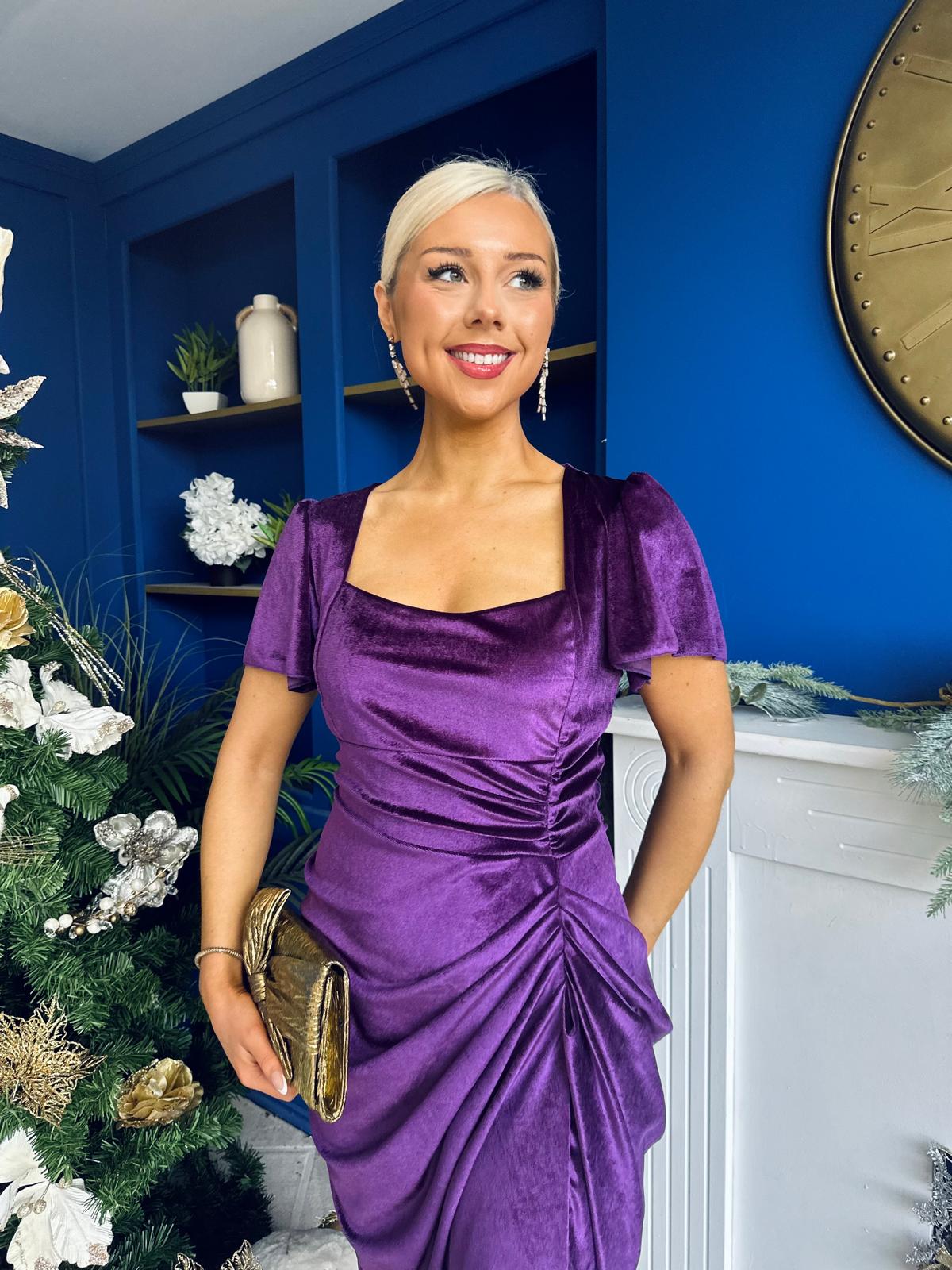 Saoirse Gathered Detail Velvet Occasion Dress Violet