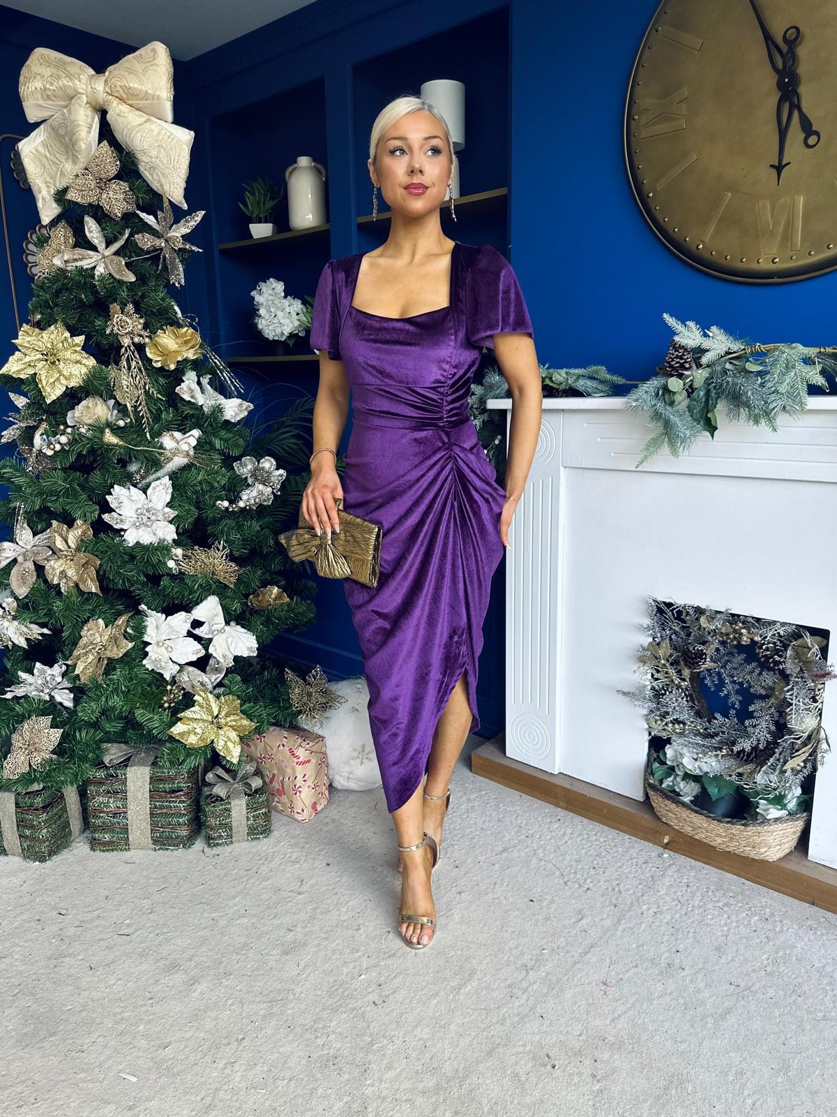 Saoirse Gathered Detail Velvet Occasion Dress Violet