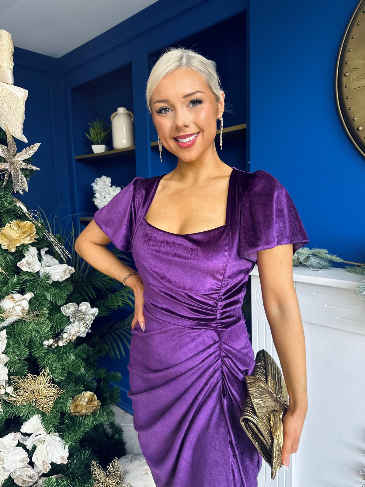 Saoirse Gathered Detail Velvet Occasion Dress Violet