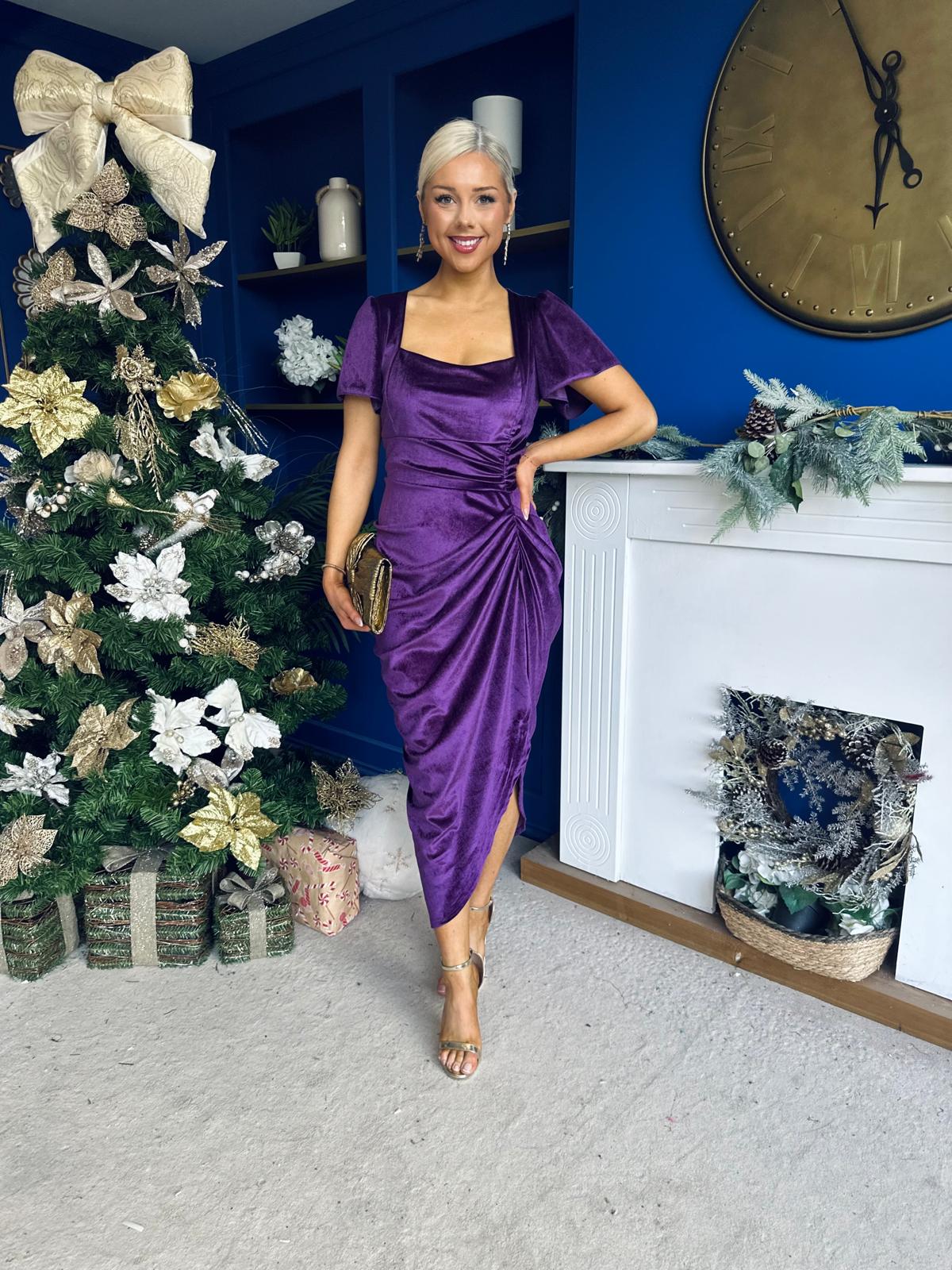 Saoirse Gathered Detail Velvet Occasion Dress Violet