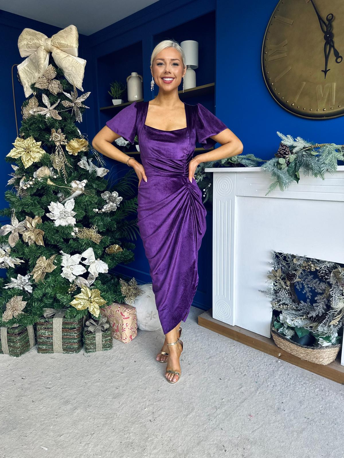 Saoirse Gathered Detail Velvet Occasion Dress Violet