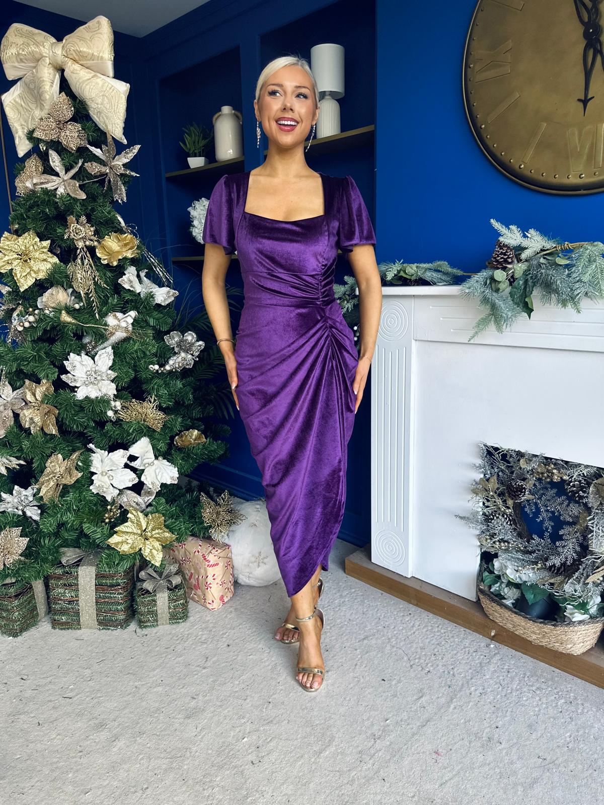 Saoirse Gathered Detail Velvet Occasion Dress Violet