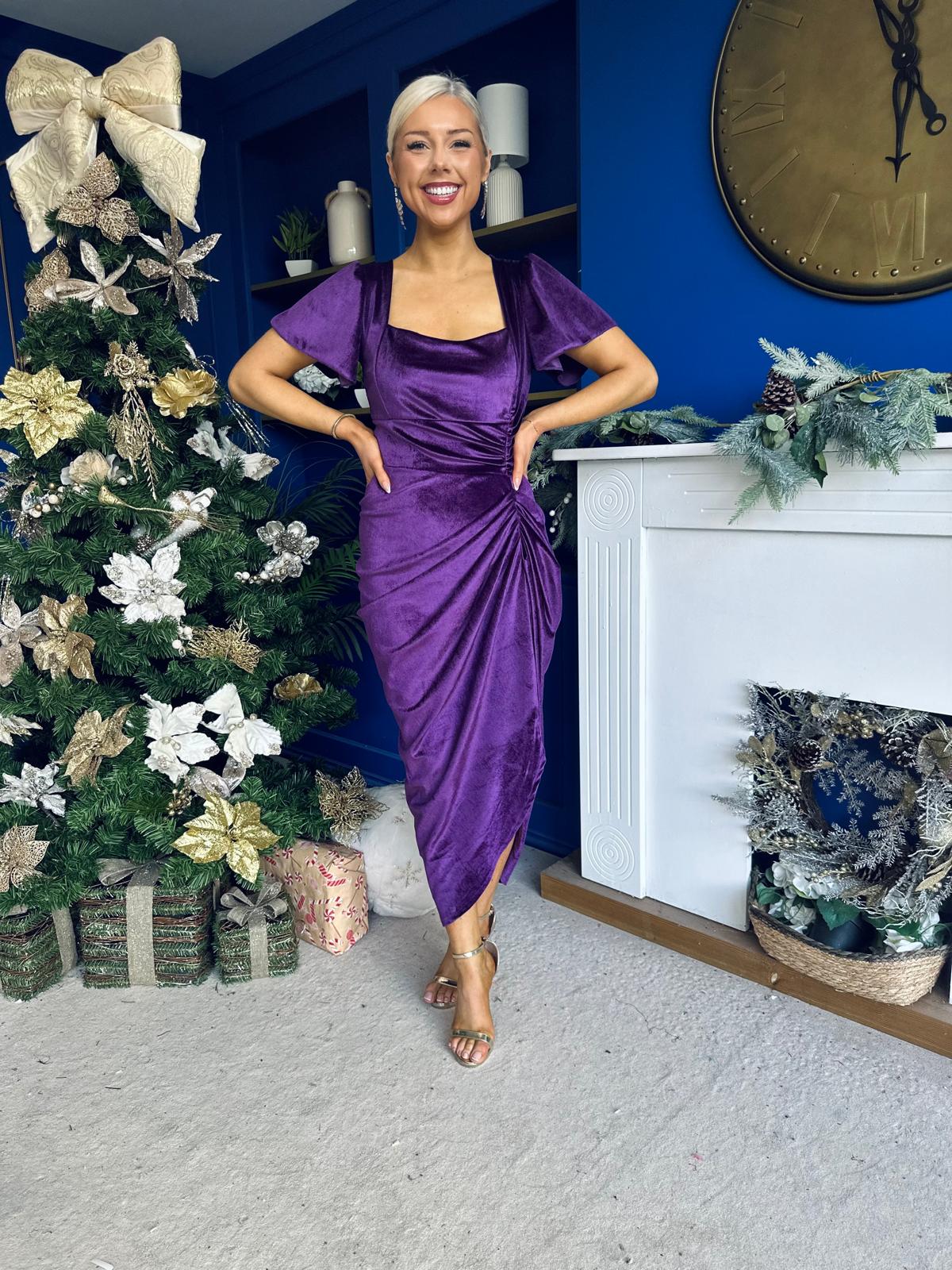 Saoirse Gathered Detail Velvet Occasion Dress Violet