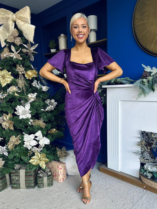 Saoirse Gathered Detail Velvet Occasion Dress Violet