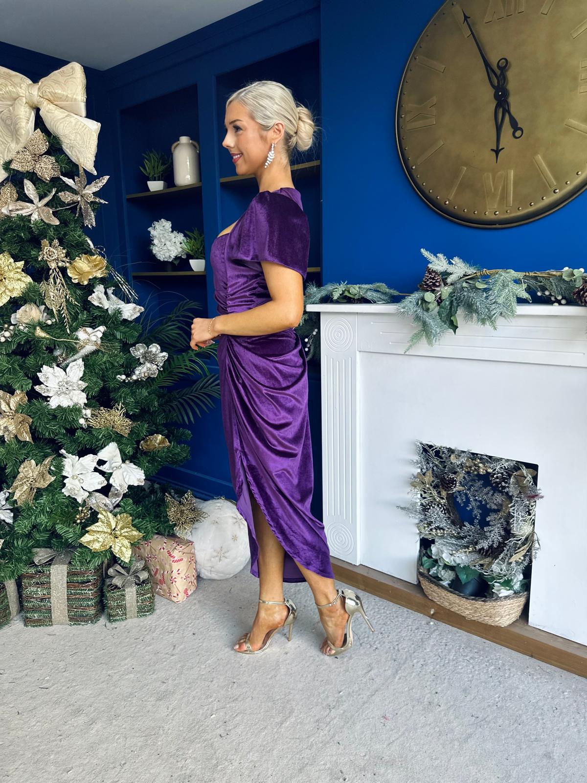 Saoirse Gathered Detail Velvet Occasion Dress Violet
