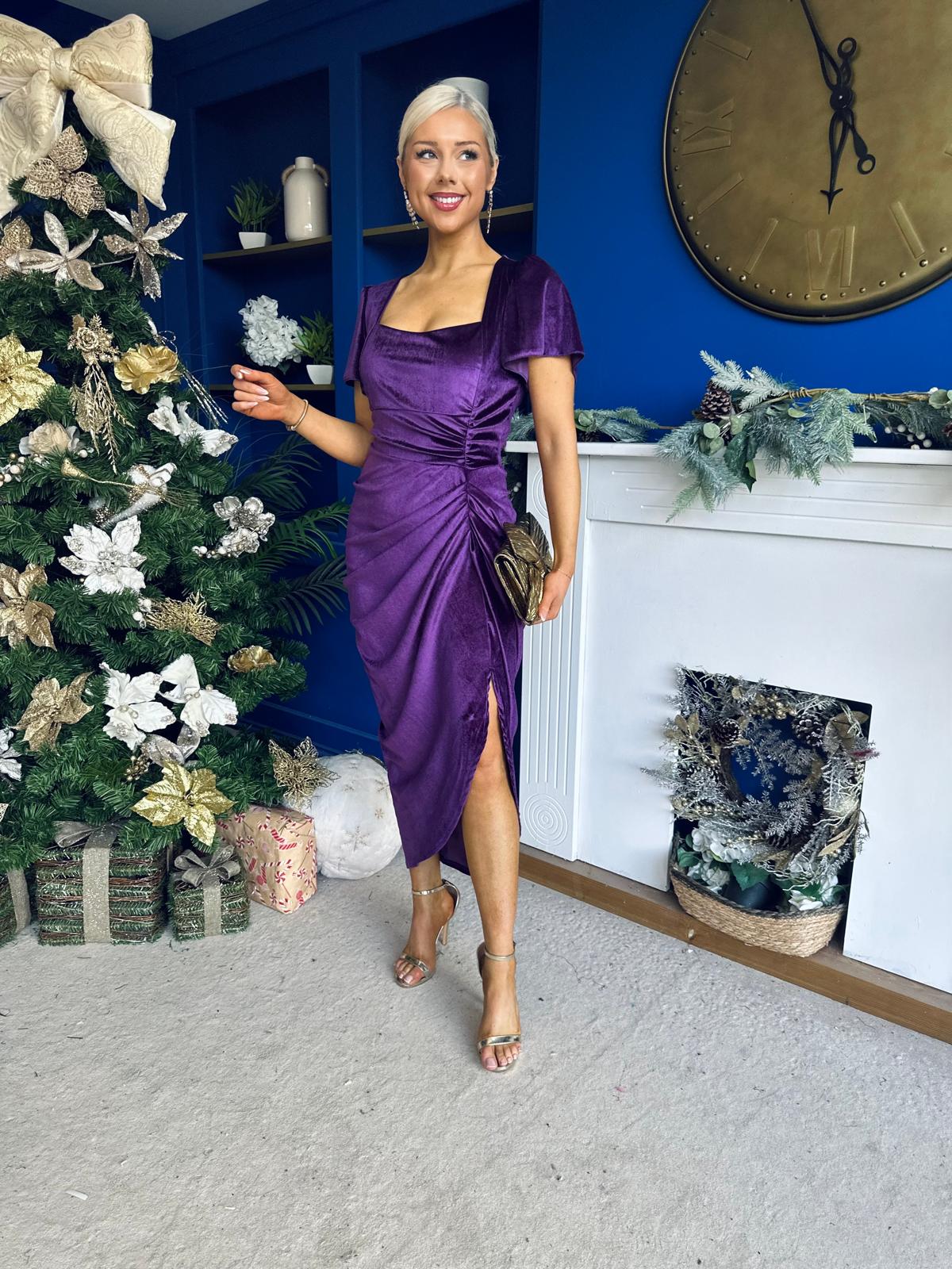 Saoirse Gathered Detail Velvet Occasion Dress Violet