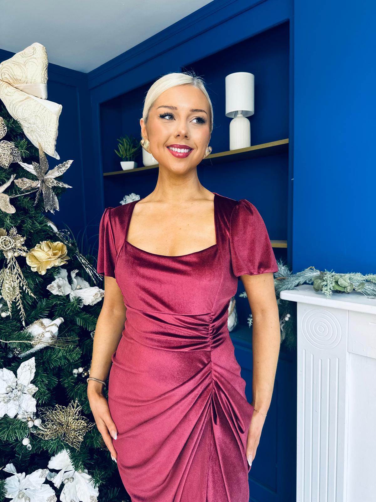 Saoirse Gathered Detail Velvet Occasion Dress Wine