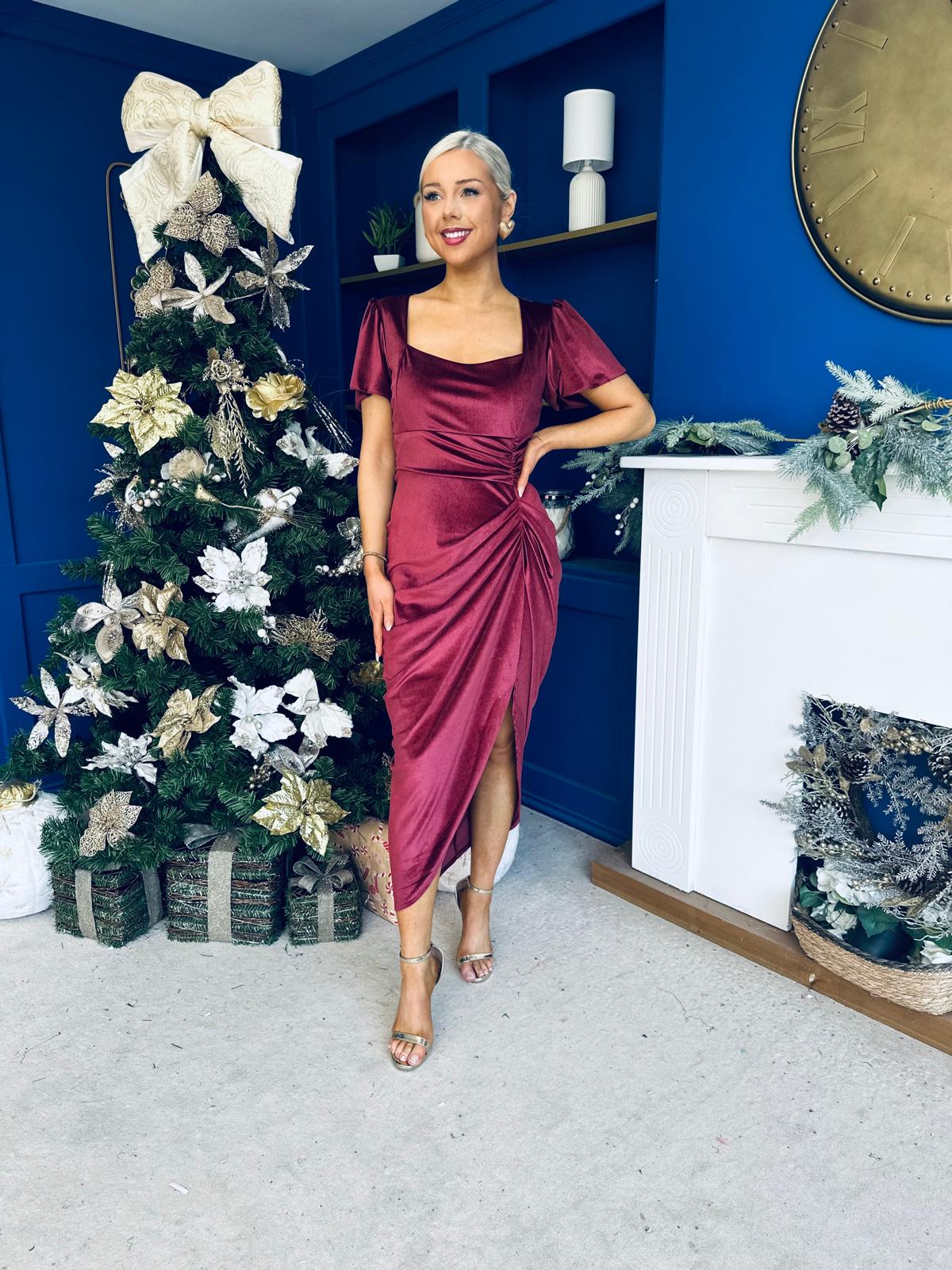 Saoirse Gathered Detail Velvet Occasion Dress Wine