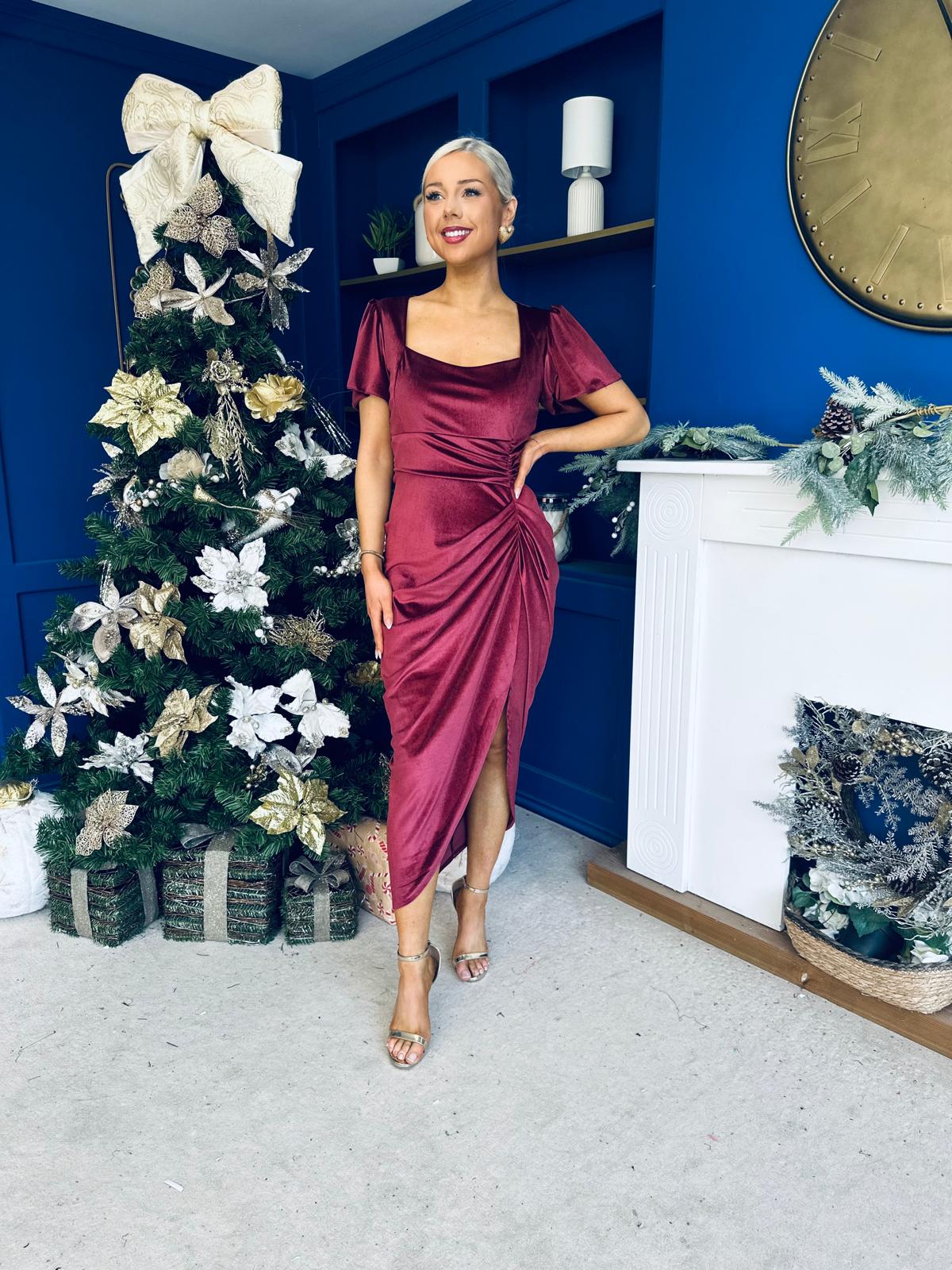 Saoirse Gathered Detail Velvet Occasion Dress Wine