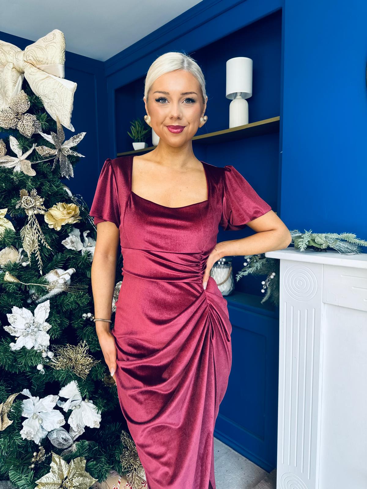 Saoirse Gathered Detail Velvet Occasion Dress Wine