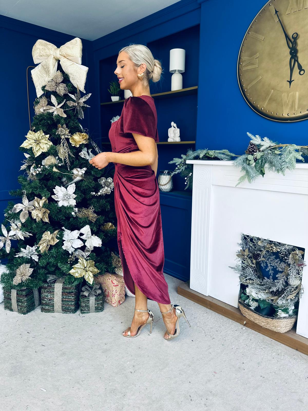 Saoirse Gathered Detail Velvet Occasion Dress Wine