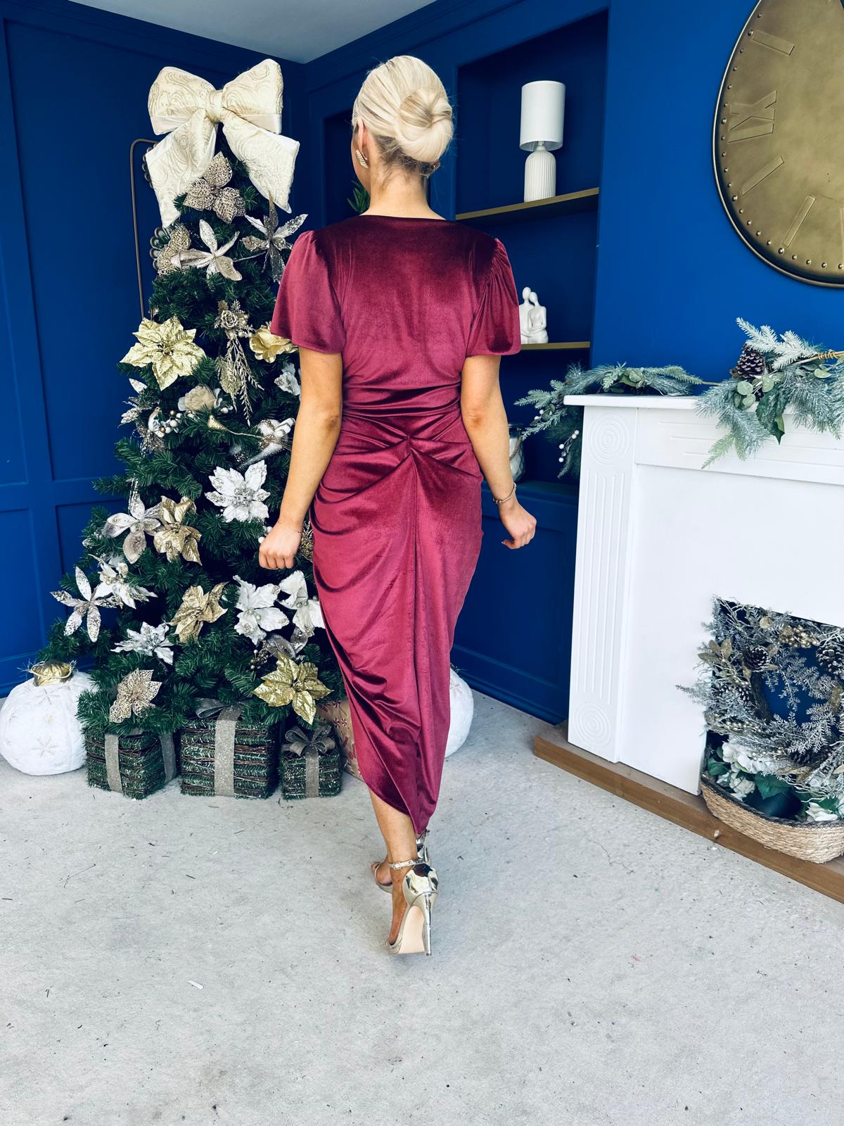 Saoirse Gathered Detail Velvet Occasion Dress Wine