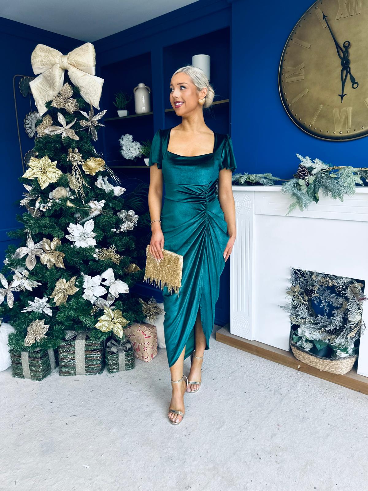 Saoirse Gathered Detail Velvet Occasion Dress Forest