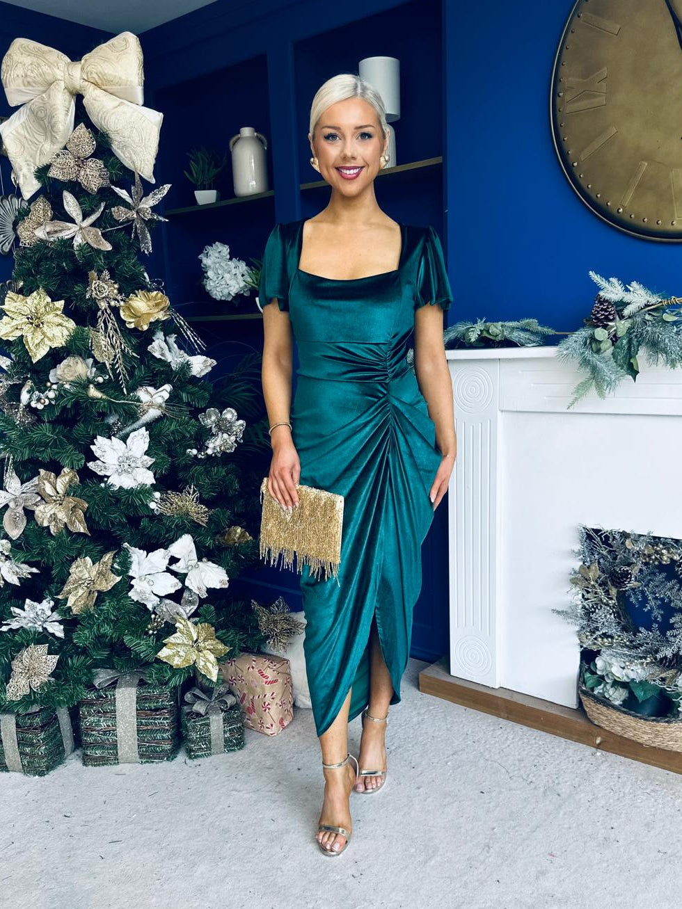 Saoirse Gathered Detail Velvet Occasion Dress Forest