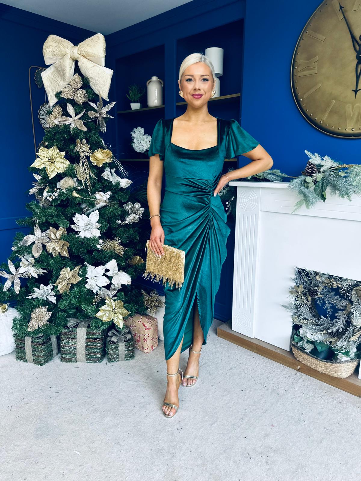 Saoirse Gathered Detail Velvet Occasion Dress Forest