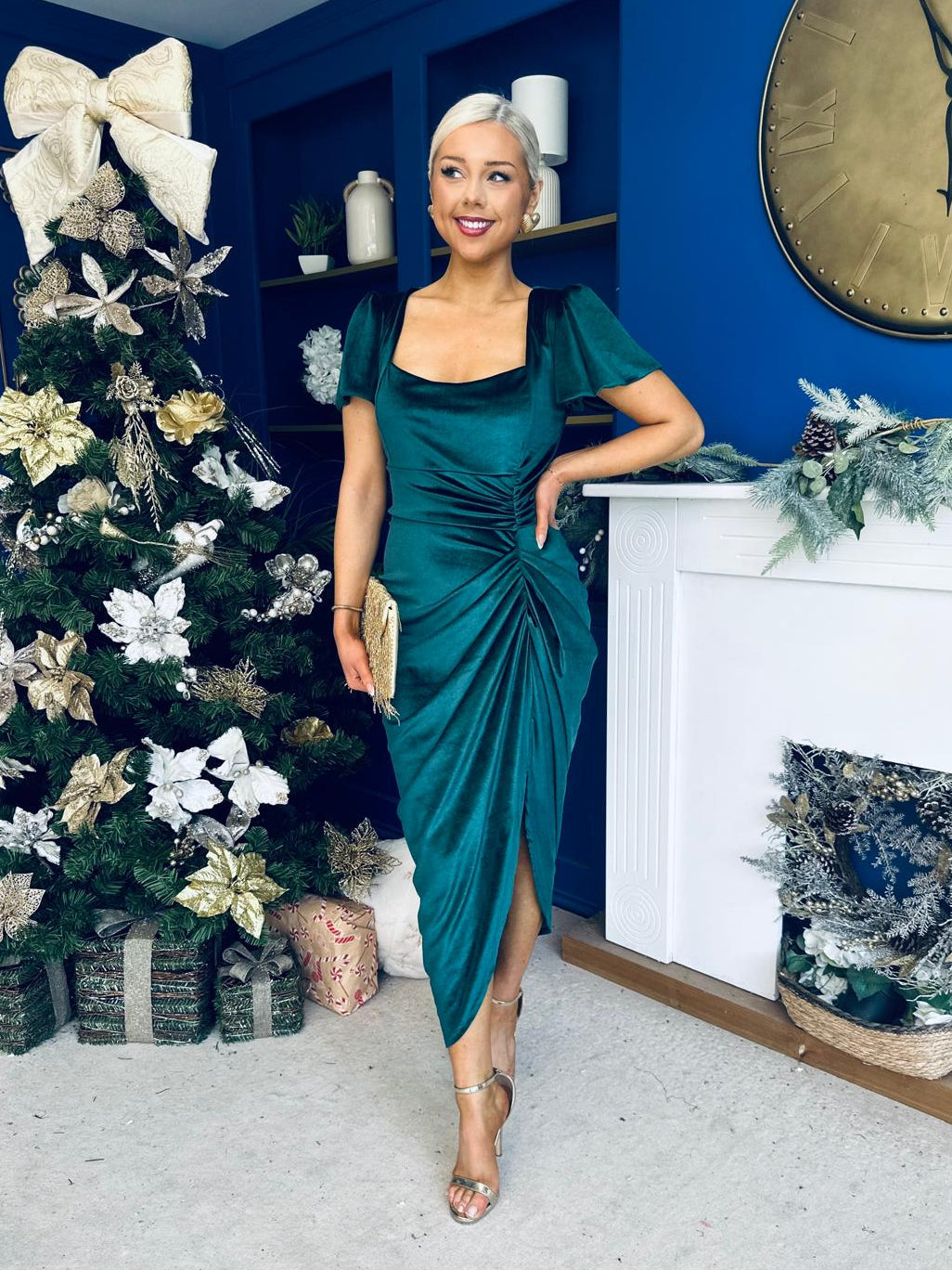 Saoirse Gathered Detail Velvet Occasion Dress Forest