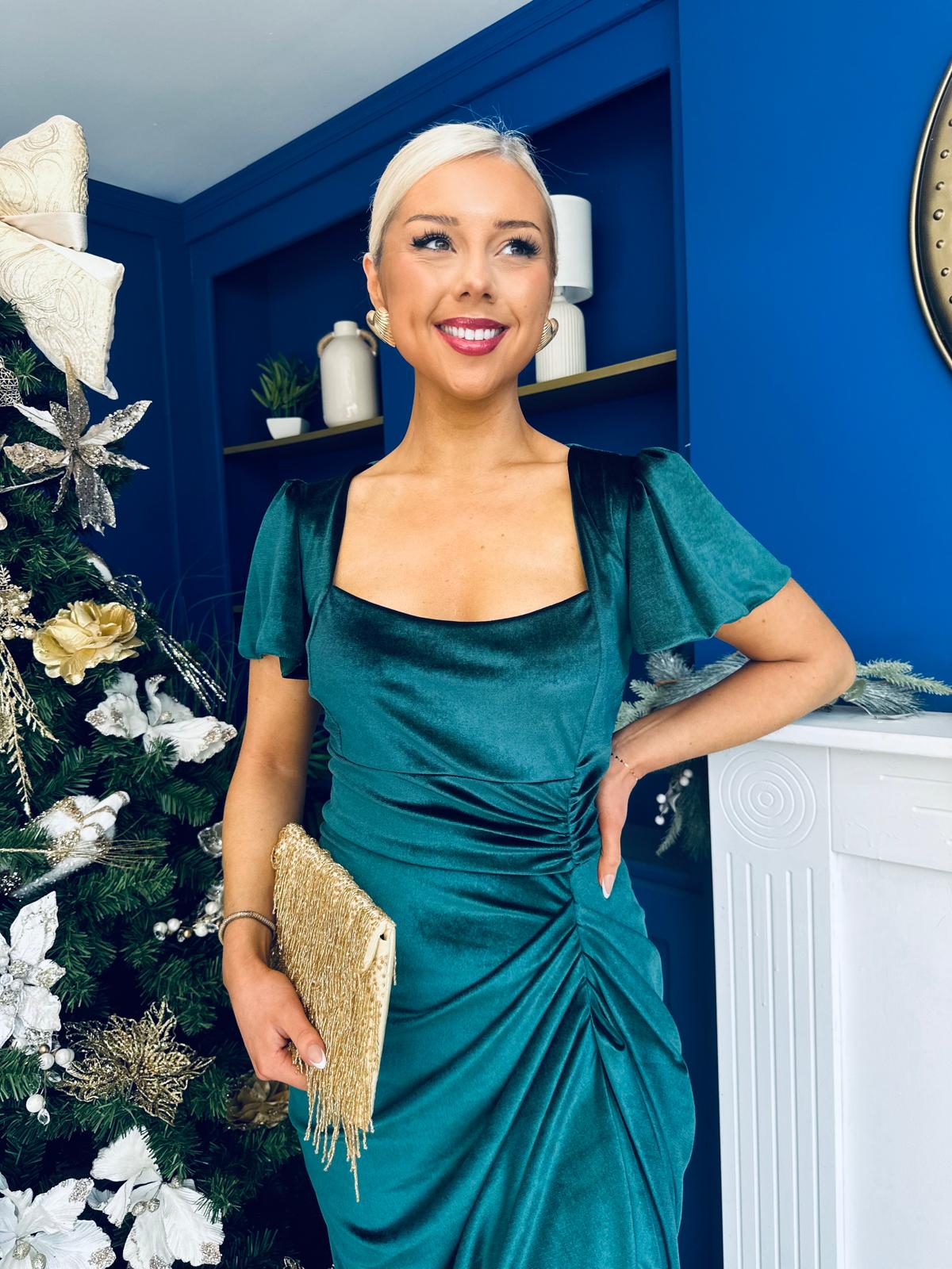 Saoirse Gathered Detail Velvet Occasion Dress Forest
