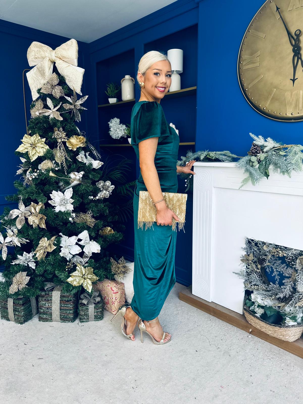 Saoirse Gathered Detail Velvet Occasion Dress Forest