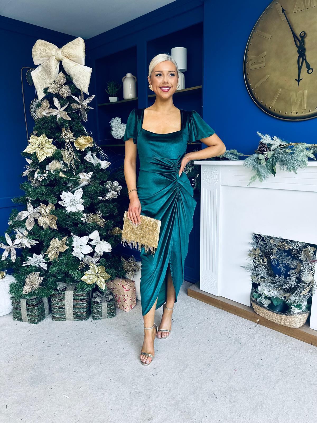 Saoirse Gathered Detail Velvet Occasion Dress Forest