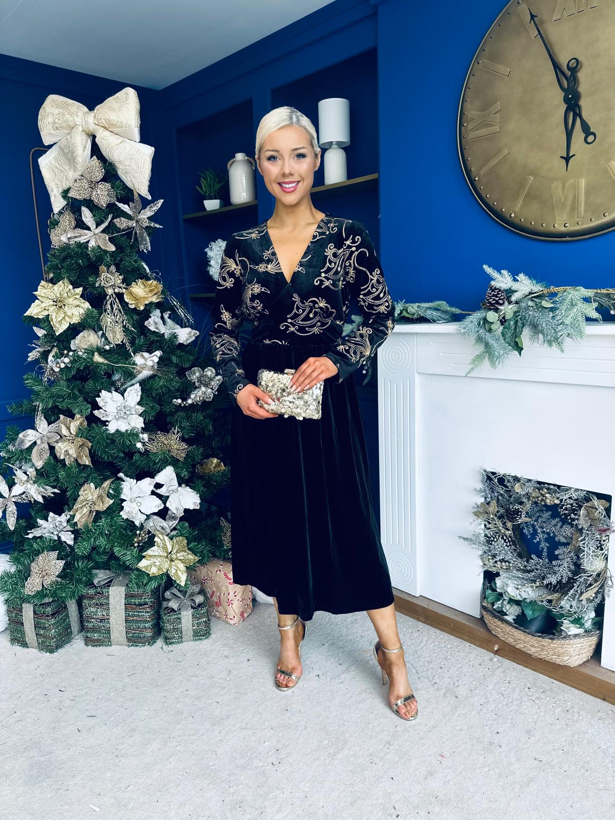 Alice Gold Embroidered Velvet Midi Dress Black