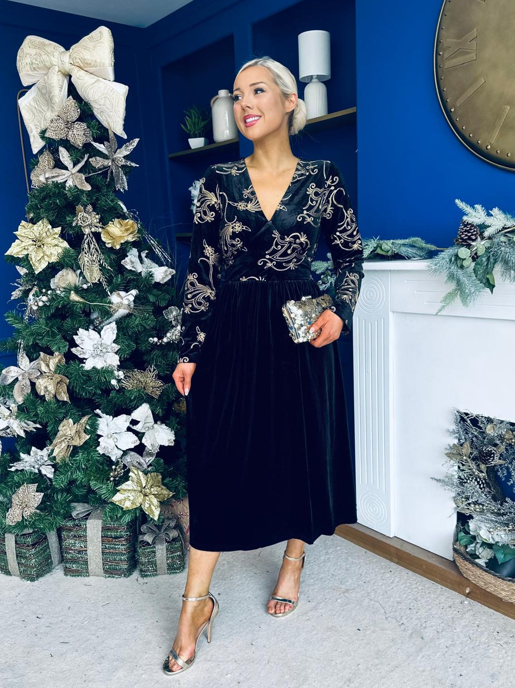 Alice Gold Embroidered Velvet Midi Dress Black
