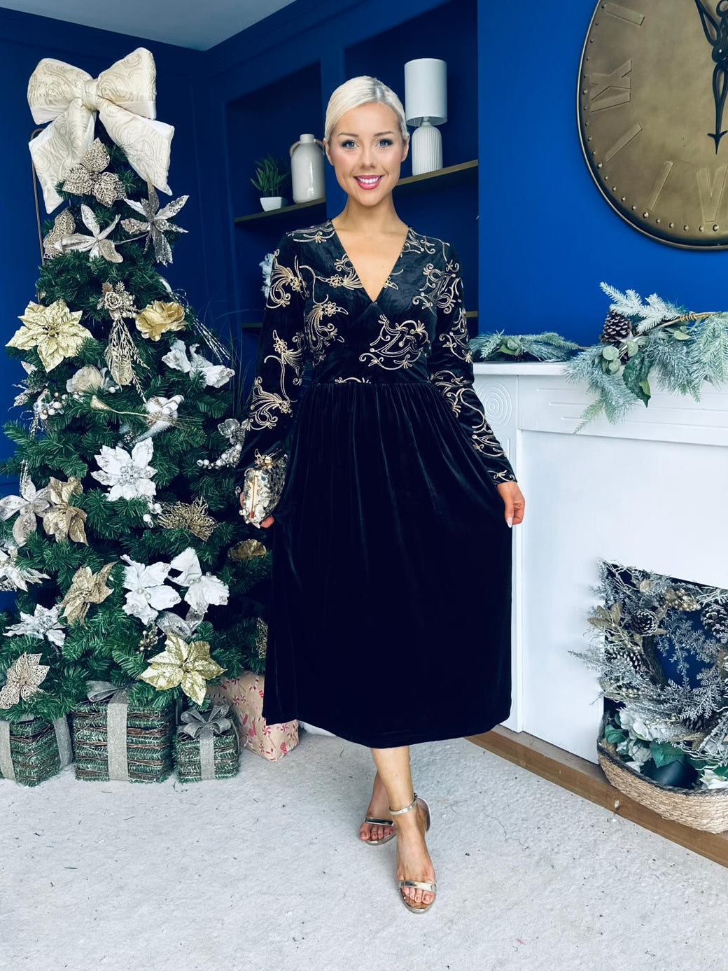 Alice Gold Embroidered Velvet Midi Dress Black