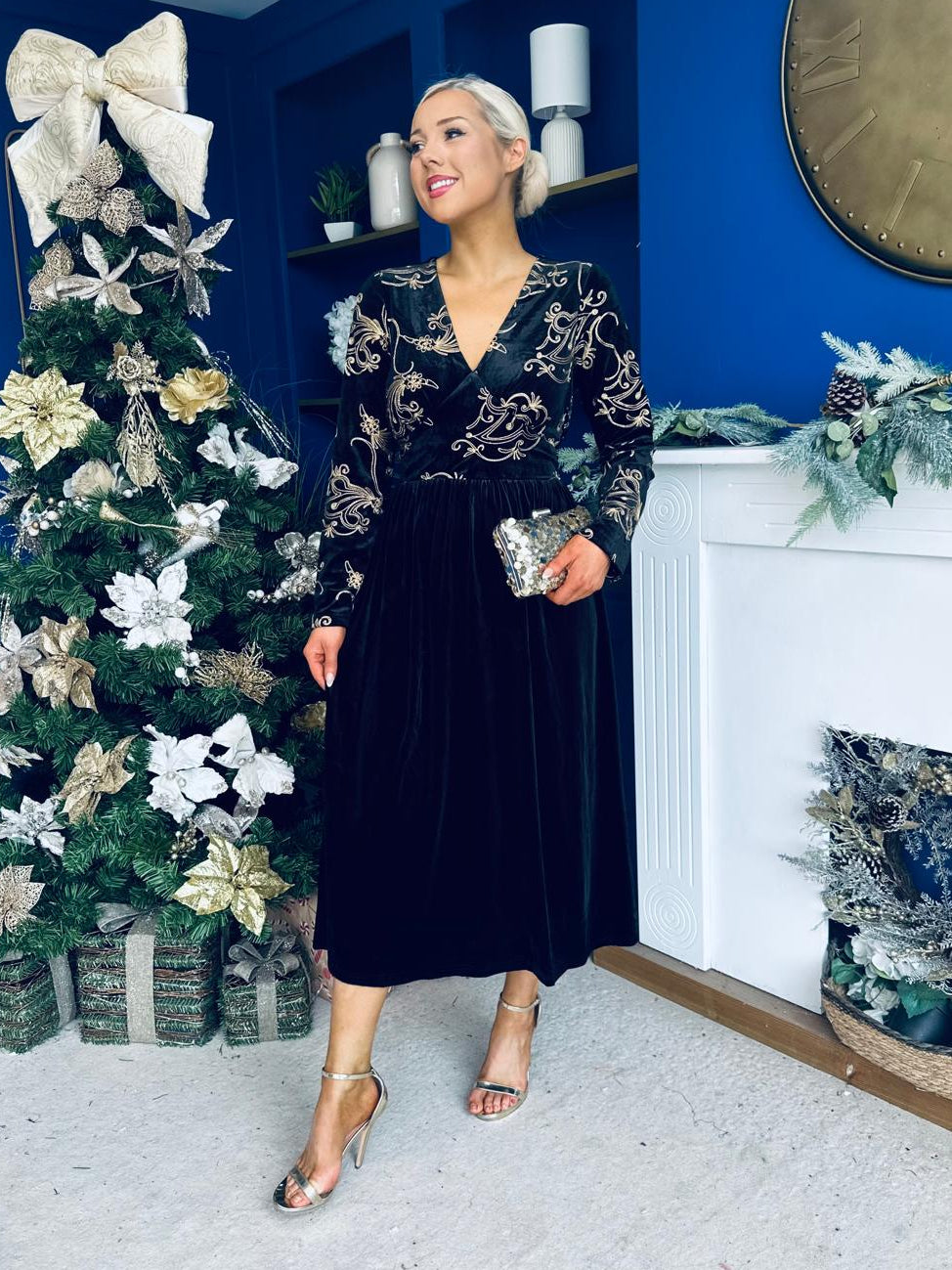 Alice Gold Embroidered Velvet Midi Dress Black