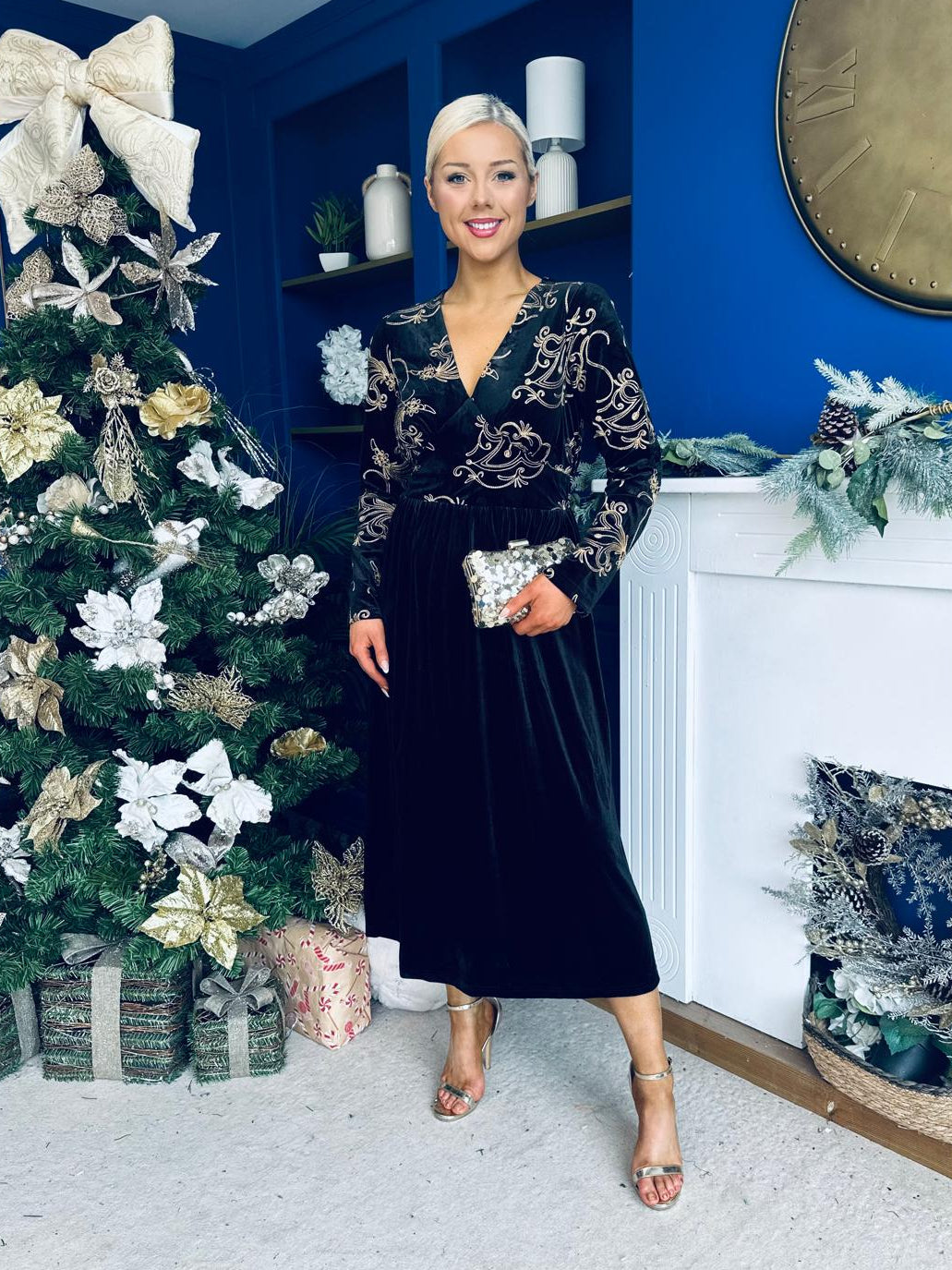 Alice Gold Embroidered Velvet Midi Dress Black