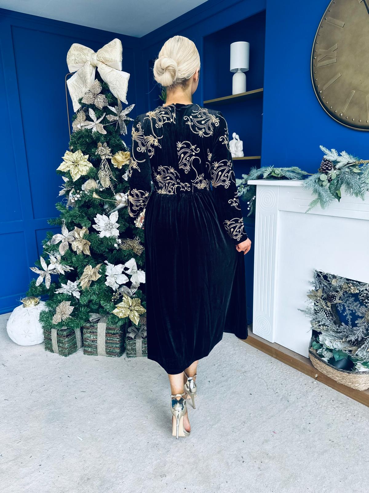 Alice Gold Embroidered Velvet Midi Dress Black