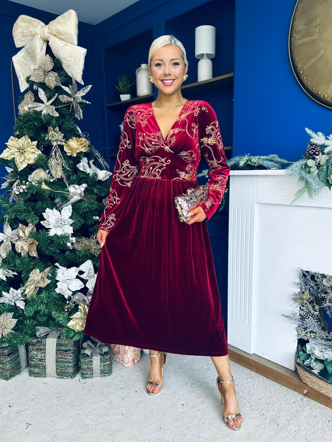 Alice Gold Embroidered Velvet Midi Dress Wine
