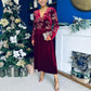 Alice Gold Embroidered Velvet Midi Dress Wine