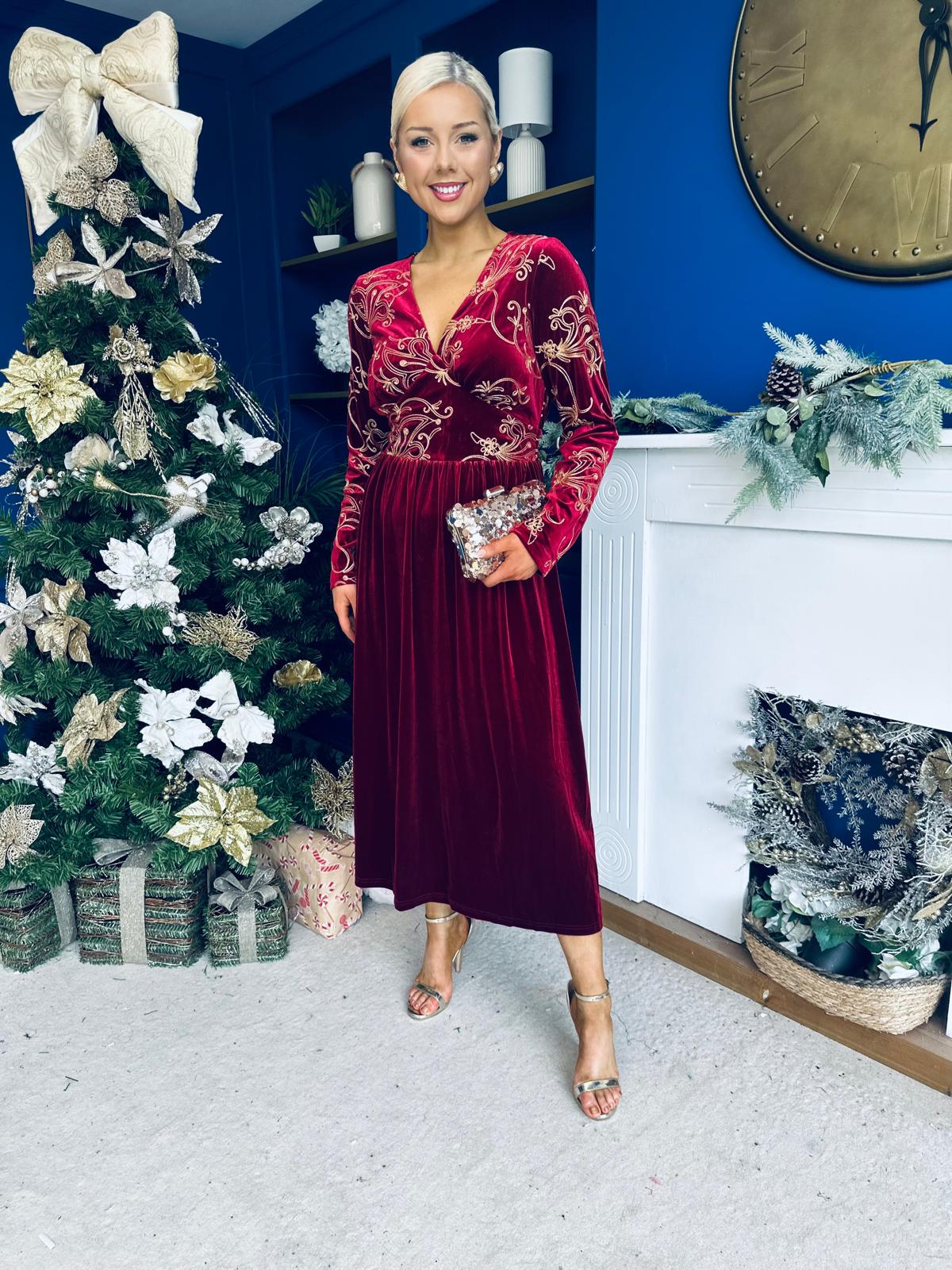 Alice Gold Embroidered Velvet Midi Dress Wine