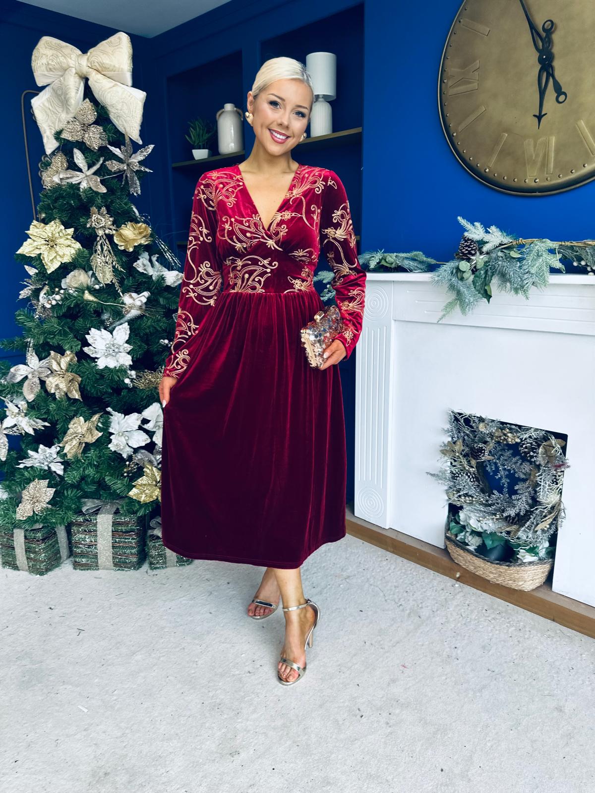 Alice Gold Embroidered Velvet Midi Dress Wine
