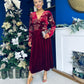 Alice Gold Embroidered Velvet Midi Dress Wine