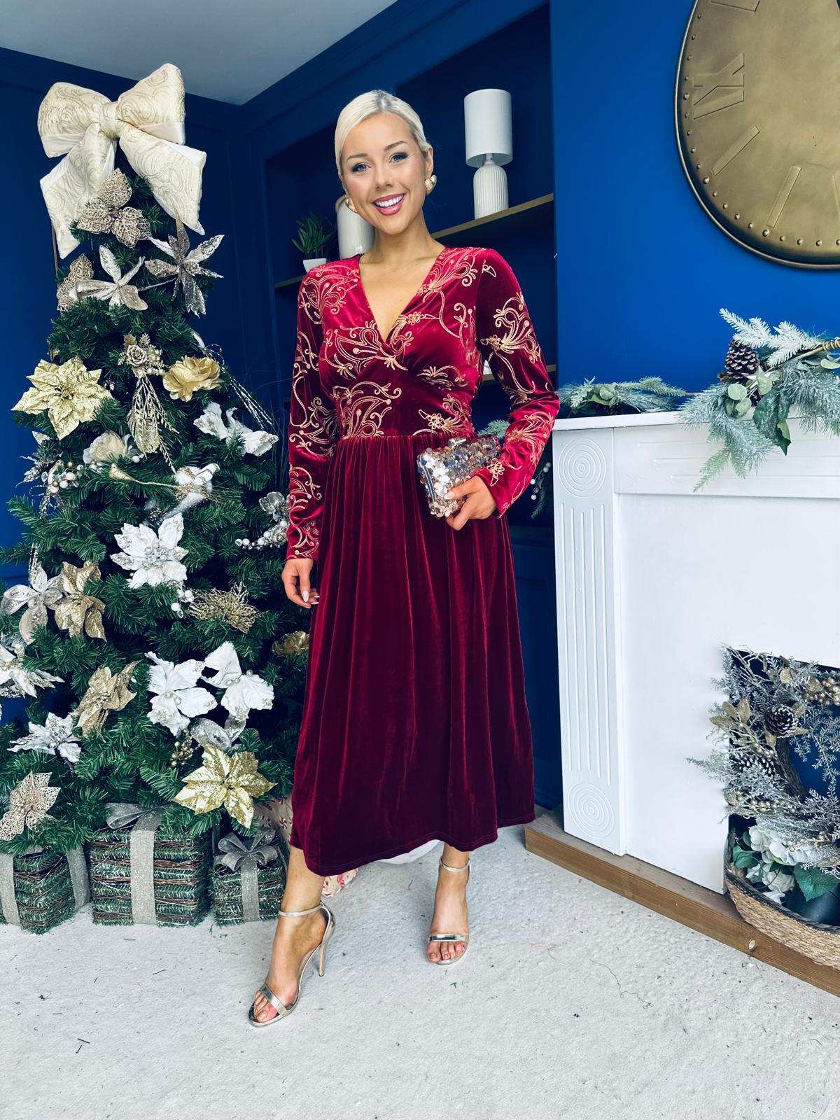 Alice Gold Embroidered Velvet Midi Dress Wine