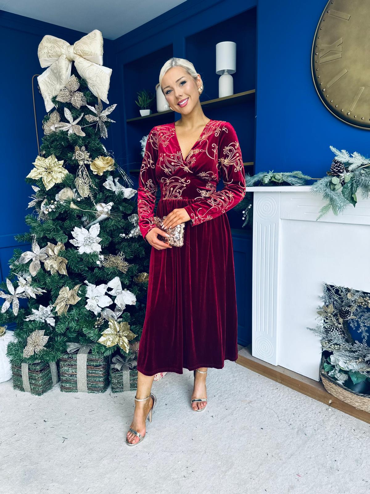 Alice Gold Embroidered Velvet Midi Dress Wine