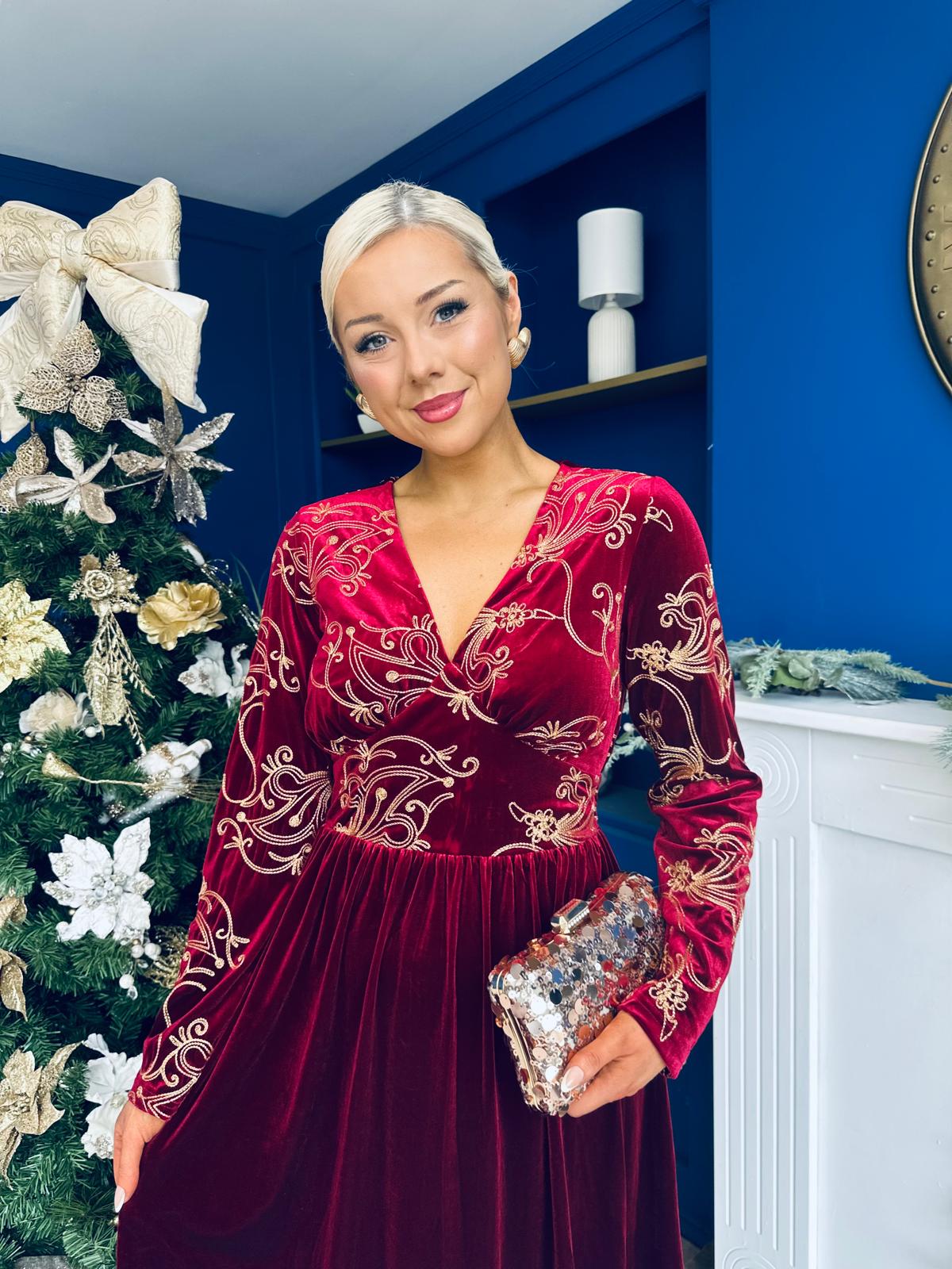 Alice Gold Embroidered Velvet Midi Dress Wine