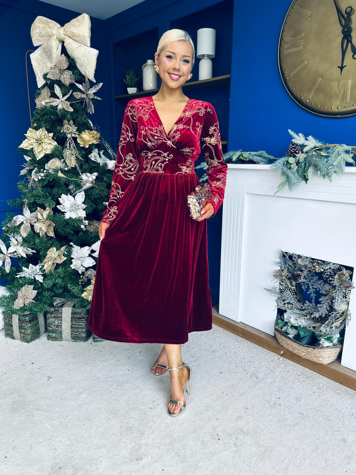 Alice Gold Embroidered Velvet Midi Dress Wine