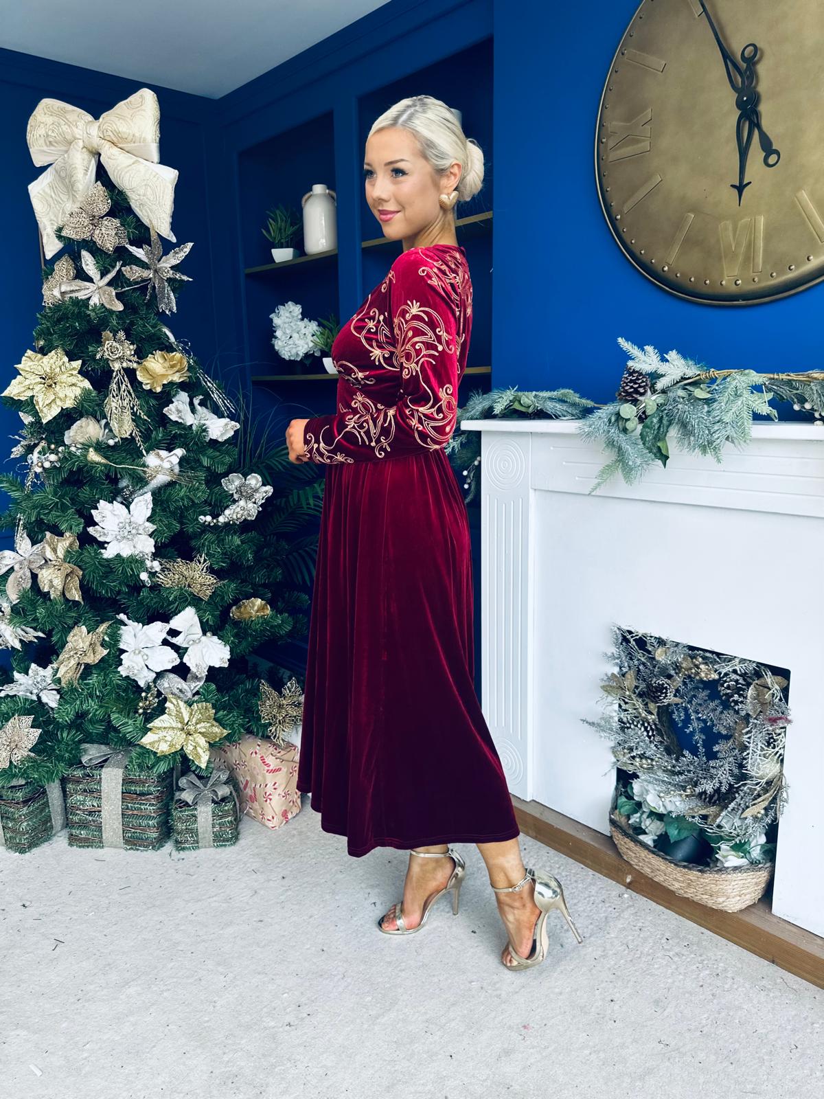 Alice Gold Embroidered Velvet Midi Dress Wine