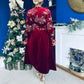 Alice Gold Embroidered Velvet Midi Dress Wine